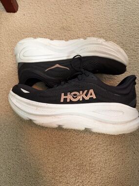 Hoka Bondi 9 Black Sneakers with Rose Gold Logo size 8.5
